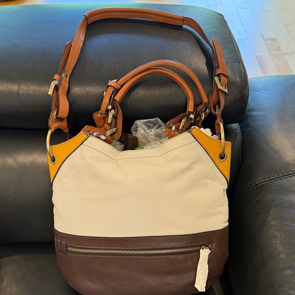 Stylish Women's Leather Bag - White, Brown, and Yellow